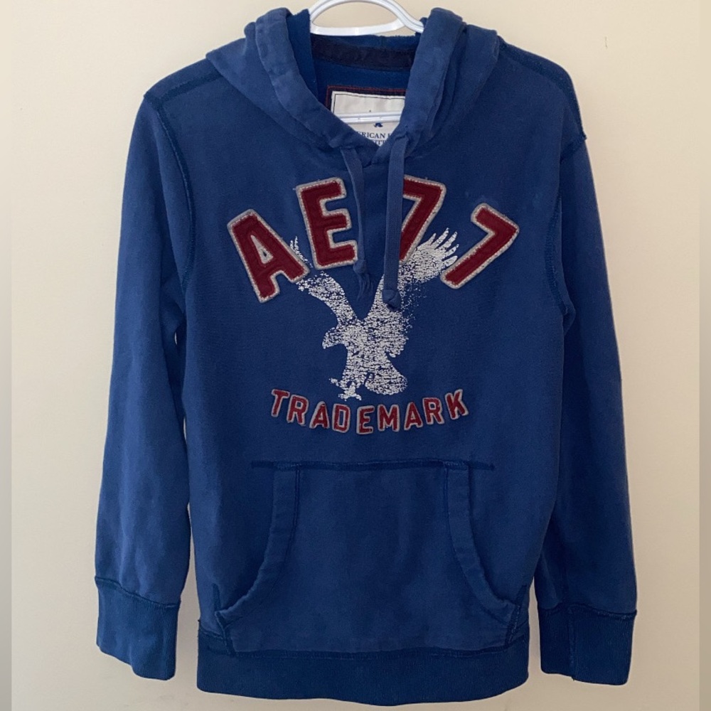 AMERICAN EAGLE Vtg Men's Trademark Logo Drawstring Hoodie Fleece Cotton Sweater